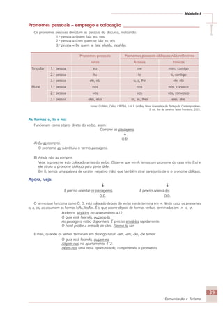 39
Comunicação e Turismo
Módulo I
IIIII
Pronomes pessoais – emprego e colocação _________________________________
Os pronomes pessoais denotam as pessoas do discurso, indicando:
1.a
pessoa = Quem fala: eu, nós
2.a
pessoa = Com quem se fala: tu, vós
3.a
pessoa = De quem se fala: ele/ela, eles/elas
Pronomes pessoais Pronomes pessoais oblíquos não reflexivos
retos Átonos Tônicos
Singular 1.a
pessoa eu me mim, comigo
2.a
pessoa tu te ti, contigo
3.a
pessoa ele, ela o, a, lhe ele, ela
Plural 1.a
pessoa nós nos nós, conosco
2.a
pessoa vós vos vós, convosco
3.a
pessoa eles, elas os, as, lhes eles, elas
Fonte: CUNHA, Celso; CINTRA, Luís F. Lindley. Nova Gramática do Português Contemporâneo.
3. ed. Rio de Janeiro: Nova Fronteira, 2001.
As formas o, lo e no:
Funcionam como objeto direto do verbo, assim:
Comprei as passagens.
↓↓↓↓↓
O.D.
A) Eu as comprei.
O pronome as substituiu o termo passagens.
B) Ainda não as comprei.
Veja, o pronome está colocado antes do verbo. Observe que em A temos um pronome do caso reto (Eu) e
ele atraiu o pronome oblíquo para perto dele.
Em B, temos uma palavra de caráter negativo (não) que também atrai para junto de si o pronome oblíquo.
Agora, veja:
↓↓↓↓↓ ↓↓↓↓↓
É preciso orientar os passageiros. É preciso orientá-los.
O.D. O.D.
O termo que funciona como O. D. está colocado depois do verbo e este termina em -r. Neste caso, os pronomes
o, a, os, as assumem as formas lo/la, los/las. É o que ocorre depois de formas verbais terminadas em -r, -s, -z.
Podemos alojá-los no apartamento 412.
O guia está falando, ouçamo-lo.
As passagens estão disponíveis. É preciso enviá-las rapidamente.
O hotel proíbe a entrada de cães. Fizemo-lo sair.
E mais, quando os verbos terminam em ditongo nasal: -am, -em, -ão, -õe temos:
O guia está falando, ouçam-no.
Alojem-nos no apartamento 412.
Dêem-nos uma nova oportunidade, cumpriremos o prometido.
Comunicação Aluno.p65 27/3/2007, 10:4139
 