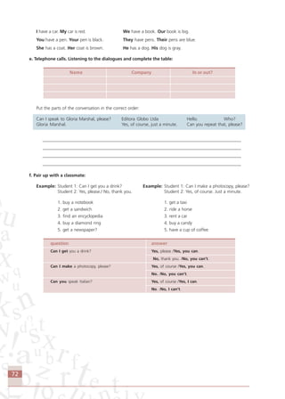 72
I have a car. My car is red. We have a book. Our book is big.
You have a pen. Your pen is black. They have pens. Their pens are blue.
She has a coat. Her coat is brown. He has a dog. His dog is gray.
e. Telephone calls. Listening to the dialogues and complete the table:
Name Company In or out?
Put the parts of the conversation in the correct order:
Can I speak to Gloria Marshal, please? Editora Globo Ltda Hello. Who?
Gloria Marshal. Yes, of course, just a minute. Can you repeat that, please?
_________________________________________________________________________________________
_________________________________________________________________________________________
_________________________________________________________________________________________
_________________________________________________________________________________________
f. Pair up with a classmate:
Example: Student 1: Can I get you a drink? Example: Student 1: Can I make a photocopy, please?
Student 2: Yes, please./ No, thank you. Student 2: Yes, of course. Just a minute.
1. buy a notebook 1. get a taxi
2. get a sandwich 2. ride a horse
3. find an encyclopedia 3. rent a car
4. buy a diamond ring 4. buy a candy
5. get a newspaper? 5. have a cup of coffee
question answer
Can I get you a drink? Yes, please /Yes, you can.
No, thank you. /No, you can’t.
Can I make a photocopy, please? Yes, of course /Yes, you can.
No. /No, you can’t.
Can you speak Italian? Yes, of course /Yes, I can.
No. /No, I can’t.
Comunicação Aluno.p65 27/3/2007, 10:4172
 