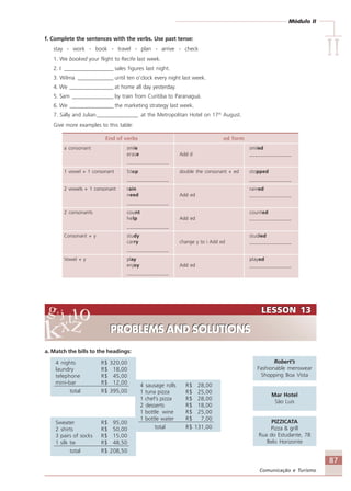 Módulo II
IIIIIIIIII
87
Comunicação e Turismo
f. Complete the sentences with the verbs. Use past tense:
stay - work - book - travel - plan - arrive - check
1. We booked your flight to Recife last week.
2. I __________________ sales figures last night.
3. Wilma _____________ until ten o’clock every night last week.
4. We ________________ at home all day yesterday.
5. Sam _______________ by train from Curitiba to Paranaguá.
6. We ________________ the marketing strategy last week.
7. Sally and Julian _______________ at the Metropolitan Hotel on 17th
August.
Give more examples to this table:
End of verbs ed form
a consonant smile smiled
erase Add d _______________
_______________
1 vowel + 1 consonant Stop double the consonant + ed stopped
_______________ _______________
2 vowels + 1 consonant rain rained
need Add ed _______________
_______________
2 consonants count counted
help Add ed _______________
_______________
Consonant + y study studied
carry change y to i Add ed _______________
_______________
Vowel + y play played
enjoy Add ed _______________
_______________
a. Match the bills to the headings:
Sweater R$ 95,00
2 shirts R$ 50,00
3 pairs of socks R$ 15,00
1 silk tie R$ 48,50
total R$ 208,50
4 nights R$ 320,00
laundry R$ 18,00
telephone R$ 45,00
mini-bar R$ 12,00
total R$ 395,00
4 sausage rolls R$ 28,00
1 tuna pizza R$ 25,00
1 chef’s pizza R$ 28,00
2 desserts R$ 18,00
1 bottle wine R$ 25,00
1 bottle water R$ 7,00
total R$ 131,00
Robert’s
Fashionable menswear
Shopping Boa Vista
Mar Hotel
São Luis
PIZZICATA
Pizza & grill
Rua do Estudante, 78
Belo Horizonte
LESSON 13
PROBLEMS AND SOLUTIONS
LESSON 13
PROBLEMS AND SOLUTIONS
Comunicação Aluno.p65 27/3/2007, 10:4187
 