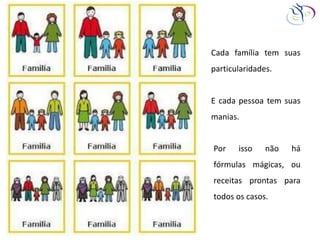 Cada família tem suas
particularidades.
E cada pessoa tem suas
manias.
Por isso não há
fórmulas mágicas, ou
receitas prontas para
todos os casos.
 