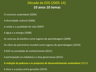 Década da EDS (2005-14)
10 anos 10 temas
O consumo sustentável (2005)
A diversidade cultural (2006)
A saúde e a qualidade de vida (2007)
A água e a energia (2008)

As reservas da biosfera como lugares de aprendizagem (2009)
Os sítios do património mundial como lugares de aprendizagem (2010)
A EDS na sociedade do conhecimento (2011)
A participação na cidadania e a boa governança (2012)
A redução da pobreza e os projectos de desenvolvimento sustentável (2013)
A ética e a justiça entre gerações (2014)

 