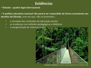 Evidências
Década - quadro legal internacional
A política educativa nacional não parece ter respondido de forma consistente aos
desafios da Década, uma vez que não se promoveu :
•
•
•

a inovação dos conteúdos da educação escolar
as mudanças nos métodos pedagógicos e didáticos
a reorganização do sistema escolar

Caminhos sustentáveis. Gomes M, Parque Natural Arenal, Costa Rica, 2008.

 