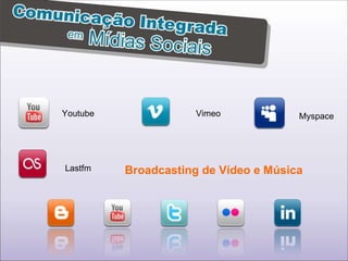 Youtube Myspace Vimeo Broadcasting de Vídeo e Música Lastfm 