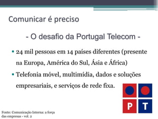 Comunicar é preciso

               - O desafio da Portugal Telecom -
       24 mil pessoas em 14 países diferentes (presente
         na Europa, América do Sul, Ásia e África)

       Telefonia móvel, multimídia, dados e soluções
         empresariais, e serviços de rede fixa.



Fonte: Comunicação Interna: a força
das empresas - vol. 2
 