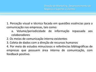 Direção de Marketing, Desenvolvimento de
                            Negócio e Suporte a Clientes




1. Perceção visual e técnica focada em questões essências para a
comunicação nas empresas, tais como:
    a. Volume/periodicidade de informação repassada aos
    colaboradores
2. Os meios de comunicação interna existentes
3. Coleta de dados com a direção de recursos humanos
4. Por meio de estudos minuciosos e referências bibliográficas de
empresas que possuem área interna de comunicação, com
feedback positivo.
 