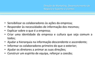 Direção de Marketing, Desenvolvimento de
                             Negócio e Suporte a Clientes




•   Sensibilizar os colaboradores às ações da empresa;
•   Responder às necessidades de informação dos mesmos;
•   Explicar sobre o que é a empresa;
•   Criar uma identidade da empresa e cultura que seja comum a
    todos;
•   Ajudar a hierarquia na informação descendente e ascendente;
•   Informar os colaboradores primeiro do que o exterior;
•   Ajudar os diretores a animar as suas direções;
•   Construir um espírito de equipa, reforçar a coesão;
 