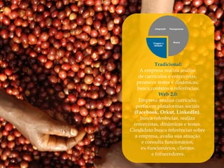 Integração   Planejamento




          Triagem e        Busca
           Seleção




           Tradicional:
    A empresa realiza análise
    de currículos e entrevistas,
   promove testes e dinâmicas,
   busca contatos e referências.
              Web 2.0:
    Empresa analisa currículo,
  perfis em plataformas sociais
 (Facebook, Orkut, LinkedIn),
     busca referências, realiza
 entrevistas, dinâmicas e testes.
Candidato busca referências sobre
  a empresa, avalia sua atuação
     e consulta funcionários,
     ex-funcionários, clientes
          e fornecedores.
 