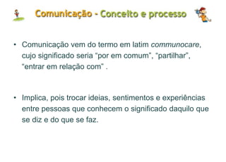 • Comunicação vem do termo em latim communocare,
cujo significado seria “por em comum”, “partilhar”,
“entrar em relação com” .
• Implica, pois trocar ideias, sentimentos e experiências
entre pessoas que conhecem o significado daquilo que
se diz e do que se faz.
 