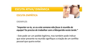 ESCUTA EMPÁTICA
EXEMPLOS
“Importar-se-ia, se eu esta semana não fosse à reunião de
equipa? Eu preciso de trabalhar com a Margarida nesta tarde.”
- Este pode ser um pedido legítimo, mas também pode indicar
que estar presente na reunião signifique a criação de um conflito
pessoal que queira evitar.
ESCUTA ATIVA/ DINÂMICA
 