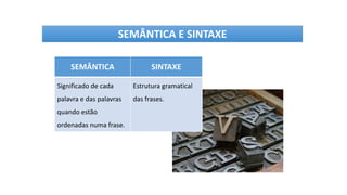 SEMÂNTICA SINTAXE
Significado de cada
palavra e das palavras
quando estão
ordenadas numa frase.
Estrutura gramatical
das frases.
SEMÂNTICA E SINTAXE
 