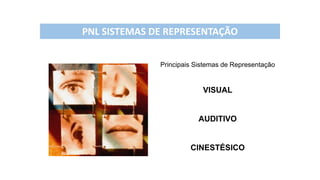Principais Sistemas de Representação
VISUAL
AUDITIVO
CINESTÉSICO
PNL SISTEMAS DE REPRESENTAÇÃO
 