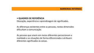 • QUADROS DE REFERÊNCIA
Educação, experiência e aprendizagem de significados.
As diferenças existentes entre as pessoas, nestas dimensões
dificultam a comunicação.
As pessoas que vivem em meios diferentes percecionam a
realidade e as situações de forma diferenciada e atribuem
diferentes significados às coisas.
BARREIRAS INTERNAS
 