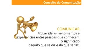 COMUNICAR
Trocar ideias, sentimentos e
experiências entre pessoas que conhecem
o significado
daquilo que se diz e do que se faz.
Conceito de Comunicação
 