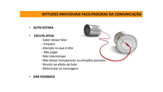 • AUTO-ESTIMA
• ESCUTA ATIVA
- Saber deixar falar
- Empatia
- Atenção no que é dito
- Não julgar
- Não interromper
- Não deixar transparecer as emoções pessoais
- Resistir ao efeito de halo
- Reformular as mensagens
• DAR FEEDBACK
ATITUDES INDIVIDUAIS FACILITADORAS DA COMUNICAÇÃO
 