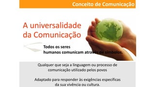 Conceito de Comunicação
A universalidade
da Comunicação
Todos os seres
humanos comunicam através de símbolos.
Qualquer que seja a linguagem ou processo de
comunicação utilizado pelos povos
Adaptado para responder às exigências específicas
da sua vivência ou cultura.
 
