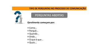 TIPO DE PERGUNTAS NO PROCESSO DE COMUNICAÇÃO
PERGUNTAS ABERTAS
Geralmente começam por:
• Como...
• Porquê...
• Quando...
• Onde...
• O que é que...
• Quais...
 