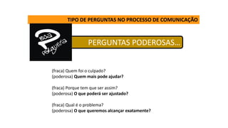 TIPO DE PERGUNTAS NO PROCESSO DE COMUNICAÇÃO
PERGUNTAS PODEROSAS…
(fraca) Quem foi o culpado?
(poderosa) Quem mais pode ajudar?
(fraca) Porque tem que ser assim?
(poderosa) O que poderá ser ajustado?
(fraca) Qual é o problema?
(poderosa) O que queremos alcançar exatamente?
 