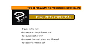 PERGUNTAS PODEROSAS…
TIPO DE PERGUNTAS NO PROCESSO DE COMUNICAÇÃO
- O que o motiva mais?
- O que espera conseguir fazendo isto?
- Que outras escolhas tem?
- O que pode fazer que iria fazer uma diferença?
- Que pergunta ainda não fez?
 
