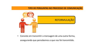 TIPO DE PERGUNTAS NO PROCESSO DE COMUNICAÇÃO
REFORMULAÇÃO
• Consiste em transmitir a mensagem de uma outra forma,
assegurando que percebemos o que nos foi transmitido.
 