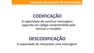 CODIFICAÇÃO
A capacidade de construir mensagens
segundo um código compreendido pelo
emissor e receptor.
DESCODIFICAÇÃO
A capacidade de interpretar uma mensagem.
Elementos do processo de Comunicação
 