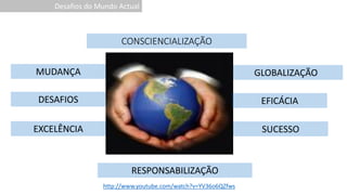 MUDANÇA
DESAFIOS
EXCELÊNCIA
GLOBALIZAÇÃO
SUCESSO
EFICÁCIA
CONSCIENCIALIZAÇÃO
RESPONSABILIZAÇÃO
Desafios do Mundo Actual
http://www.youtube.com/watch?v=YV36o6QZfws
 