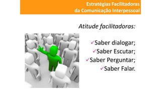 Atitude facilitadoras:
Saber dialogar;
Saber Escutar;
Saber Perguntar;
Saber Falar.
Estratégias Facilitadoras
da Comunicação Interpessoal
 