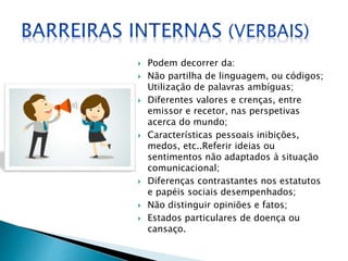  Podem decorrer da:
 Não partilha de linguagem, ou códigos;
Utilização de palavras ambíguas;
 Diferentes valores e crenças, entre
emissor e recetor, nas perspetivas
acerca do mundo;
 Características pessoais inibições,
medos, etc..Referir ideias ou
sentimentos não adaptados à situação
comunicacional;
 Diferenças contrastantes nos estatutos
e papéis sociais desempenhados;
 Não distinguir opiniões e fatos;
 Estados particulares de doença ou
cansaço.
 