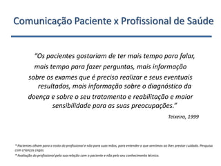 Comunicação Paciente x Profissional de Saúde


          “Os pacientes gostariam de ter mais tempo para falar,
          mais tempo para fazer perguntas, mais informação
        sobre os exames que é preciso realizar e seus eventuais
           resultados, mais informação sobre o diagnóstico da
        doença e sobre o seu tratamento e reabilitação e maior
                sensibilidade para as suas preocupações.”
                                                                                                     Teixeira, 1999




* Pacientes olham para a rosto do profissional e não para suas mãos, para entender o que sentimos ao lhes prestar cuidado. Pesquisa
com crianças cegas.
* Avaliação do profissional pela sua relação com o paciente e não pelo seu conhecimento técnico.
 