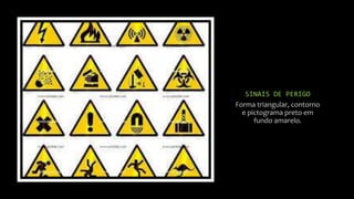 SINAIS DE PERIGO
Forma triangular, contorno
e pictograma preto em
fundo amarelo.
 