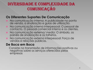 Diversidade e Complexidade da ComunicaçãoOs Diferentes Suportes De ComunicaçãoNa comunicação interna: A publicidade no ponto de venda, a sinalização e guias de utilização.Na comunicação interna interpessoal: O pessoal de contacto. O pessoal comercial interno e os clientes.Na comunicação externa/ media: O símbolo, os painéis de sinalização e os folhetos.Na comunicação externa interpessoal: Força de vendas e relações públicas.De Boca em Boca Consiste na transmissão de informações positivas ou negativas sobre os serviços oferecidos pelas empresas5