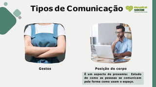 Tipos de Comunicação
Gestos Posição do corpo
É um aspecto de proxemia: Estudo
de como as pessoas se comunicam
pela forma como usam o espaço.
 
