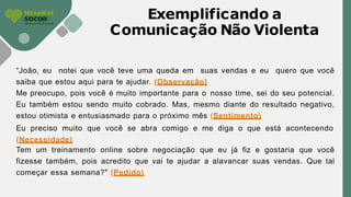 Exemplificando a
Comunicação Não Violenta
“João, eu notei que você teve uma queda em suas vendas e eu quero que você
saiba que estou aqui para te ajudar. (Observação)
Me preocupo, pois você é muito importante para o nosso time, sei do seu potencial.
Eu também estou sendo muito cobrado. Mas, mesmo diante do resultado negativo,
estou otimista e entusiasmado para o próximo mês (Sentimento)
Eu preciso muito que você se abra comigo e me diga o que está acontecendo
(Necessidade)
Tem um treinamento online sobre negociação que eu já fiz e gostaria que você
fizesse também, pois acredito que vai te ajudar a alavancar suas vendas. Que tal
começar essa semana?" (Pedido)
 
