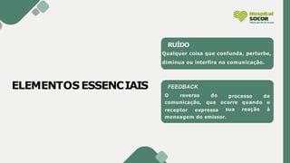 ELEMENTOS ESSENCIAIS
processo de
receptor expressa
ocorre quando o
sua reação à
mensagem do emissor.
RUÍDO
Qualquer coisa que confunda, perturbe,
diminua ou interfira na comunicação.
FEEDBACK
O reverso do
comunicação, que
 