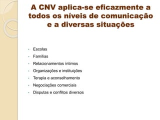 A CNV aplica-se eficazmente a
todos os níveis de comunicação
e a diversas situações
• Escolas
• Famílias
• Relacionamentos íntimos
• Organizações e instituições
• Terapia e aconselhamento
• Negociações comerciais
• Disputas e conflitos diversos
 