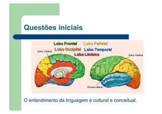 Questões iniciais
O entendimento da linguagem é cultural e conceitual.
 