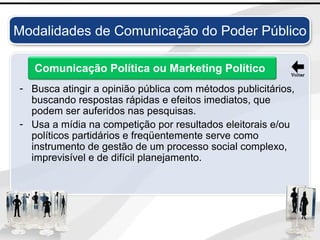 - Busca atingir a opinião pública com métodos publicitários,
buscando respostas rápidas e efeitos imediatos, que
podem ser auferidos nas pesquisas.
- Usa a mídia na competição por resultados eleitorais e/ou
políticos partidários e freqüentemente serve como
instrumento de gestão de um processo social complexo,
imprevisível e de difícil planejamento.
Comunicação Política ou Marketing Político
Modalidades de Comunicação do Poder Público
 