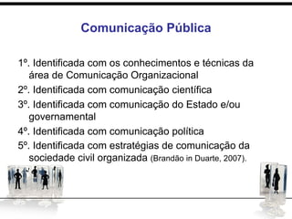 Comunicação Pública
1º. Identificada com os conhecimentos e técnicas da
área de Comunicação Organizacional
2º. Identificada com comunicação científica
3º. Identificada com comunicação do Estado e/ou
governamental
4º. Identificada com comunicação política
5º. Identificada com estratégias de comunicação da
sociedade civil organizada (Brandão in Duarte, 2007).
 