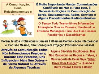 A Comunicação,
Seus
Relacionamentos e
o Feedback
É Muito Importante Manter Comunicações
Confiáveis no Mar e, Para Isso, é
Necessário Noções de Comunicação de
Bordo, Equipamentos, Redes, Serviços e
Alguns Procedimentos Radiotelefônicos
O Tempo Todo Transmitimos Informações
Interagindo Com as Pessoas, Recebendo e
Enviando Mensagens Para Que Elas Possam
Recebê-las e Decodificá-las
Porém, Muitos Profissionais Geniais Falham na Comunicação Interpessoal
e, Por Isso Mesmo, Não Conseguem Projeção Profissional e Pessoal
Através da Comunicação Todos
Nós Influenciamos Pessoas e,
Durante Esse Processo, Uns
Influenciam Mais Que Outros –
de Forma Natural ou Através
de Algumas Técnicas
Alguns São Mais Habilidosos, Mas
Não Respeitam as Regras e, Talvez, a
Mais Importante Delas Seja “Saber
Ouvir Com Atenção” – Quando a
Outra Pessoa Estiver Falando
 