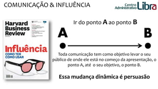 COMUNICAÇÃO & INFLUÊNCIA Centro 
Administrativo 
Ir do ponto A ao ponto B 
A B 
Toda comunicação tem como objetivo levar o seu 
público de onde ele está no começo da apresentação, o 
ponto A, até o seu objetivo, o ponto B. 
Essa mudança dinâmica é persuasão 
 