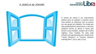 A JANELA de JOHARI 
Centro 
Administrativo 
A Janela de Johari é um instrumento 
prático para se analisar a maneira como 
uma pessoa se relaciona com as outras, 
em seu grupo de trabalho. Foi criada por 
dois pesquisadores americanos., e de seus 
próprios nomes se deriva o nome que 
deram a esse modelo: Joseph Luft e Harry 
Ingham. Esse modelo foi pela pela 
primeira vez apresentado por Joseph Luft, 
“Johari Window”, in “Human relations 
training New”, vol.5, 1961, E.U.A, 
 
