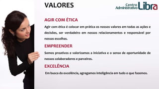 Centro 
Administrativo 
VALORES 
AGIR COM ÉTICA 
Agir com ética é colocar em prática os nossos valores em todas as ações e 
decisões, ser verdadeiro em nossos relacionamentos e responsável por 
nossas escolhas. 
EMPREENDER 
Somos proativos e valorizamos a iniciativa e o senso de oportunidade de 
nossos colaboradores e parceiros. 
EXCELÊNCIA 
Em busca da excelência, agregamos inteligência em tudo o que fazemos. 
 