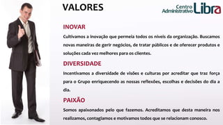 Centro 
Administrativo 
VALORES 
INOVAR 
Cultivamos a inovação que permeia todos os níveis da organização. Buscamos 
novas maneiras de gerir negócios, de tratar públicos e de oferecer produtos e 
soluções cada vez melhores para os clientes. 
DIVERSIDADE 
Incentivamos a diversidade de visões e culturas por acreditar que traz força 
para o Grupo enriquecendo as nossas reflexões, escolhas e decisões do dia a 
dia. 
PAIXÃO 
Somos apaixonados pelo que fazemos. Acreditamos que desta maneira nos 
realizamos, contagiamos e motivamos todos que se relacionam conosco. 
 