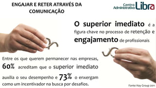 ENGAJAR E RETER ATRAVÉS DA 
COMUNICAÇÃO 
O superior imediato é a 
figura chave no processo de retenção e 
engajamento de profissionais 
Entre os que querem permanecer nas empresas, 
60% acreditam que o superior imediato 
auxilia o seu desempenho e 73% o enxergam 
como um incentivador na busca por desafios. 
Centro 
Administrativo 
Fonte Hay Group 2011 
 