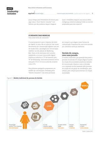 Nova School of Business and Economics



                               a p p l ied k n ow l ed g e                   Comunicação sincronizada. O poder está no “ser digital”    5



                               pouco tempo pois brevemente irá evoluir para           Qual o verdadeiro impacto nas marcas desta
                               algo como o “Even Smarter Consumer” com                vertiginosa onda de mudança? Estão as marcas
                               hábitos que não podemos sequer imaginar.               preparadas para este impacto?




                               O desafio das marcas
                               Uma nova forma de comunicar


                               A nossa proposta é que a resposta não deve             de compra e que exigem novas formas de
                               ser digital, ou seja, não se trata de criar novas      comunicação. Propomos-lhe uma nova jornada
                               ferramentas de comunicação digitais mas sim            por caminhos ainda por desbravar.
                               de mudar todo o paradigma de comunicação,
                               redefinir um dos pilares do Marketing
                               Mix. Trata-se de rearranjar este conceito              Decisão de compra,
                               adaptando-o ao novo consumidor digital.                uma nova jornada
                               Propomos substituir o “P” de Promotion pelo            O modelo tradicional que pretende descrever o
                               “R” de Relationship. Será eventualmente menos          processo de decisão de compra (Figura 3) parte
                               sexy pois 3 P’s e 1 R nunca será tão atraente          da criação de notoriedade através de métodos
                               como 4 P’s.                                            de comunicação clássicos como a televisão
                                                                                      ou a imprensa escrita passando pelo processo
                               Nos próximos parágrafos proporemos um                  de criação de um grupo de consideração, pela
                               modelo de comunicação orientado pelos                  seleção, pela compra para terminar na criação
                               “Smarter Consumers” com novos processos                da lealdade.


Figura 3 – Modelo tradicional de processo de decisão




                                                                                                                      MARCA




                                                               LOJA




   Visualização                                          Ir à loja             Escolher melhor   Comprar           Acompanhar
   anúncio TV ou imprensa                                comparar opções       opção             produto           a marca
   NOTORIEDADE                                           CONSIDERAÇÃO          SELEÇÃO           COMPRA            FIDELIZAÇÃO

                                                                                                                       Fonte: Fullsix 2011
 
