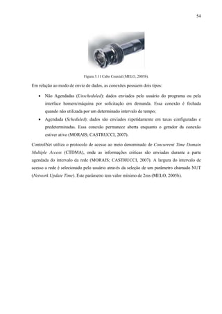 54
Figura 3.11 Cabo Coaxial (MELO, 2005b).
Em relação ao modo de envio de dados, as conexões possuem dois tipos:
• Não Agendadas (Unscheduled): dados enviados pelo usuário do programa ou pela
interface homem/máquina por solicitação em demanda. Essa conexão é fechada
quando não utilizada por um determinado intervalo de tempo;
• Agendada (Scheduled): dados são enviados repetidamente em taxas configuradas e
predeterminadas. Essa conexão permanece aberta enquanto o gerador da conexão
estiver ativo (MORAIS; CASTRUCCI, 2007).
ControlNet utiliza o protocolo de acesso ao meio denominado de Concurrent Time Domain
Multiple Access (CTDMA), onde as informações criticas são enviadas durante a parte
agendada do intervalo da rede (MORAIS; CASTRUCCI, 2007). A largura do intervalo de
acesso a rede é selecionado pelo usuário através da seleção de um parâmetro chamado NUT
(Network Update Time). Este parâmetro tem valor mínimo de 2ms (MELO, 2005b).
 