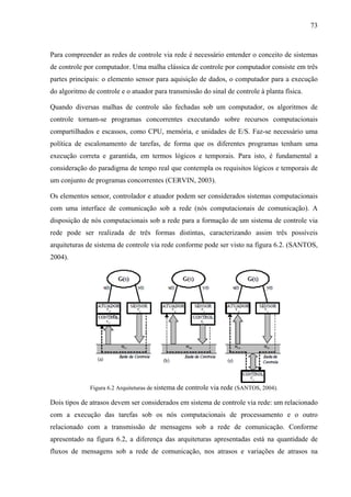 73
Para compreender as redes de controle via rede é necessário entender o conceito de sistemas
de controle por computador. Uma malha clássica de controle por computador consiste em três
partes principais: o elemento sensor para aquisição de dados, o computador para a execução
do algoritmo de controle e o atuador para transmissão do sinal de controle à planta física.
Quando diversas malhas de controle são fechadas sob um computador, os algoritmos de
controle tornam-se programas concorrentes executando sobre recursos computacionais
compartilhados e escassos, como CPU, memória, e unidades de E/S. Faz-se necessário uma
política de escalonamento de tarefas, de forma que os diferentes programas tenham uma
execução correta e garantida, em termos lógicos e temporais. Para isto, é fundamental a
consideração do paradigma de tempo real que contempla os requisitos lógicos e temporais de
um conjunto de programas concorrentes (CERVIN, 2003).
Os elementos sensor, controlador e atuador podem ser considerados sistemas computacionais
com uma interface de comunicação sob a rede (nós computacionais de comunicação). A
disposição de nós computacionais sob a rede para a formação de um sistema de controle via
rede pode ser realizada de três formas distintas, caracterizando assim três possíveis
arquiteturas de sistema de controle via rede conforme pode ser visto na figura 6.2. (SANTOS,
2004).
Figura 6.2 Arquiteturas de sistema de controle via rede (SANTOS, 2004).
Dois tipos de atrasos devem ser considerados em sistema de controle via rede: um relacionado
com a execução das tarefas sob os nós computacionais de processamento e o outro
relacionado com a transmissão de mensagens sob a rede de comunicação. Conforme
apresentado na figura 6.2, a diferença das arquiteturas apresentadas está na quantidade de
fluxos de mensagens sob a rede de comunicação, nos atrasos e variações de atrasos na
 