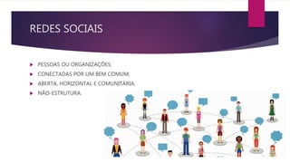 REDES SOCIAIS
 PESSOAS OU ORGANIZAÇÕES;
 CONECTADAS POR UM BEM COMUM;
 ABERTA, HORIZONTAL E COMUNITÁRIA;
 NÃO-ESTRUTURA.
 