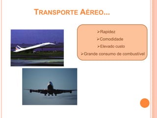 TRANSPORTE AÉREO...

                  Rapidez
                  Comodidade
                  Elevado custo
           Grande consumo de combustível
 