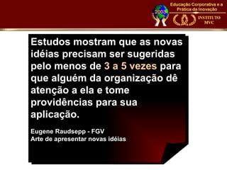 Estudos mostram que as novas
idéias precisam ser sugeridas
pelo menos de 3 a 5 vezes para
que alguém da organização dê
atenção a ela e tome
providências para sua
aplicação.
Eugene Raudsepp - FGV
Arte de apresentar novas idéias
 