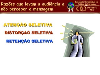 Razões que levam a audiência a
não perceber a mensagem


 ATENÇÃO SELETIVA

 DISTORÇÃO SELETIVA

  RETENÇÃO SELETIVA
 
